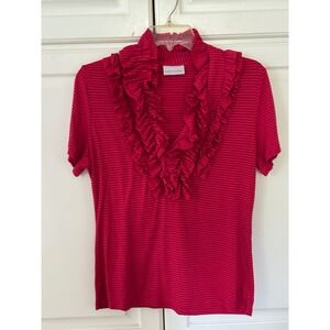 Soft Surroundings Striped Ruffle Neck Short Sleeve Top Women Medium Pink Red